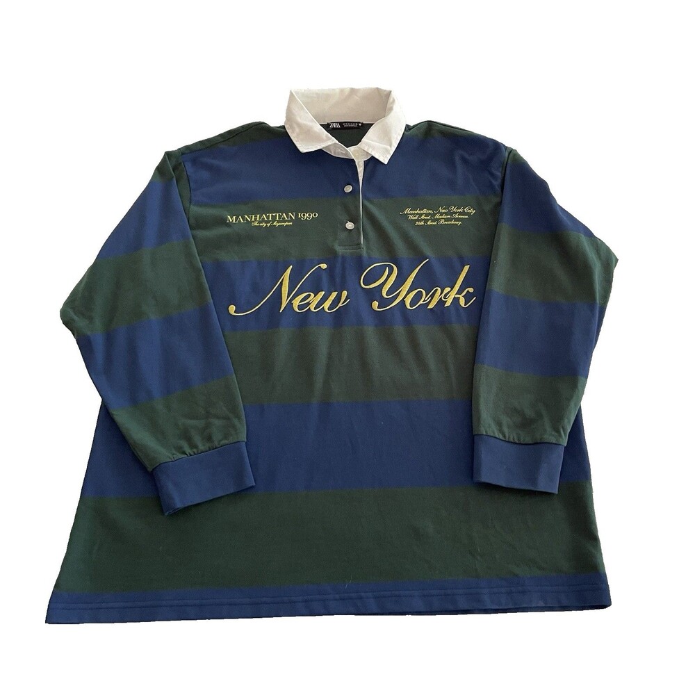 ZARA Rugby Shirt Manhattan 1990 New York Green Blue Stripe Portugal Lady Small